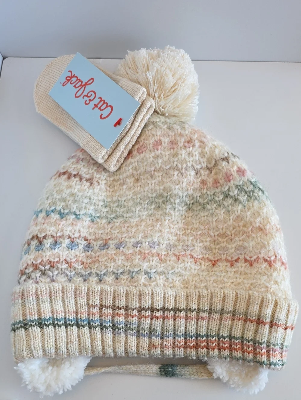 Cat & Jack Baby Multicolored Striped Pom Beanie & Mittens Set Size 6-12 Months